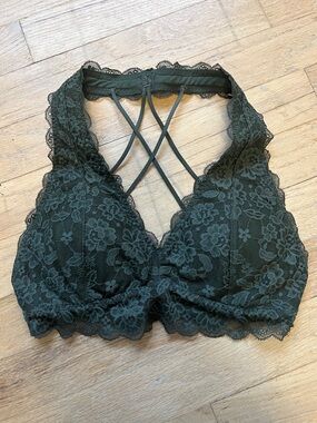 Gilly Hicks Lace Halter Bralette in Dark Green with Crisscross Back